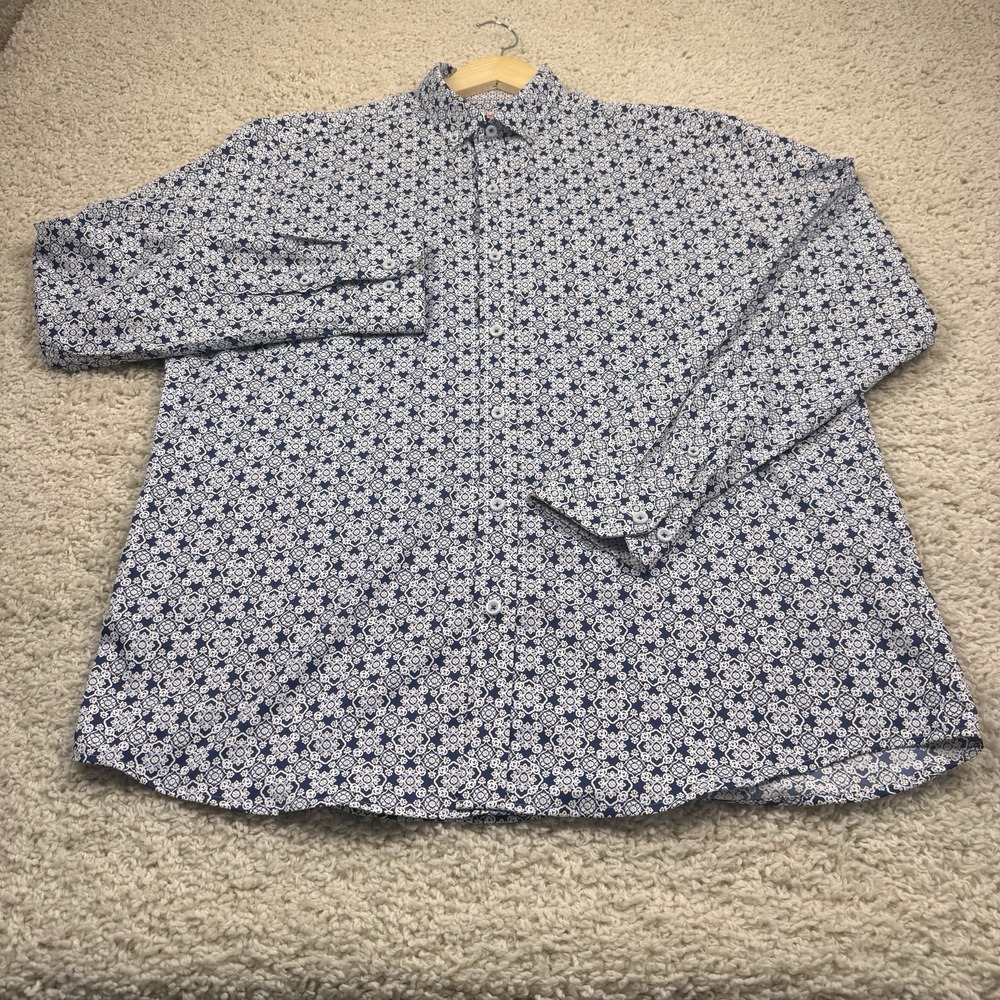 Johnston & Murphy Performance Men's Large Blue Geometric Print Stretch Shirt